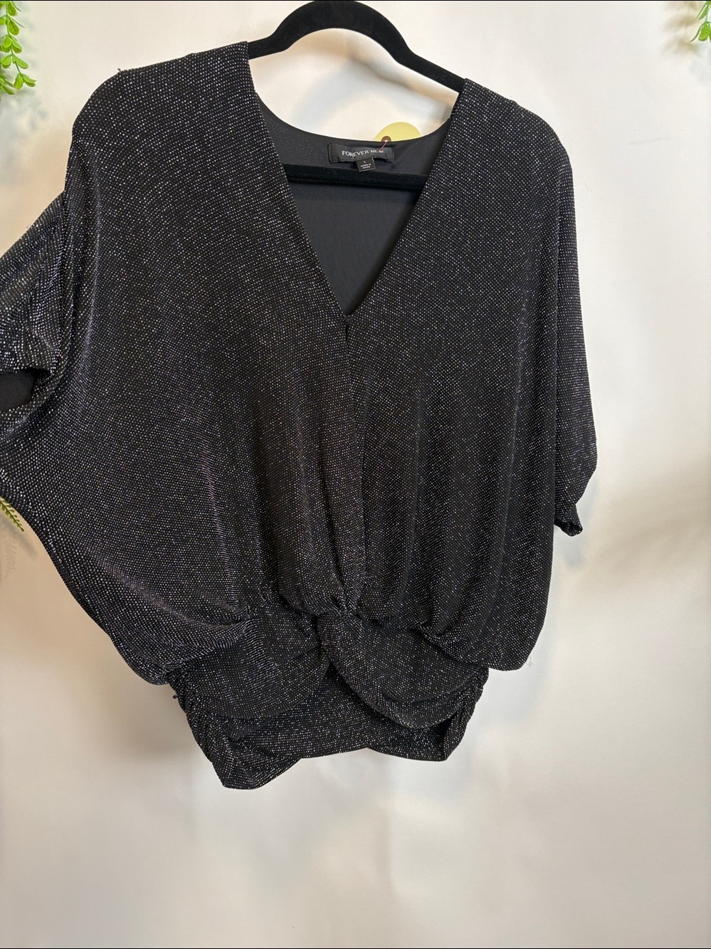 Forever New Black Metallic Knot-Front V-Neck Top
